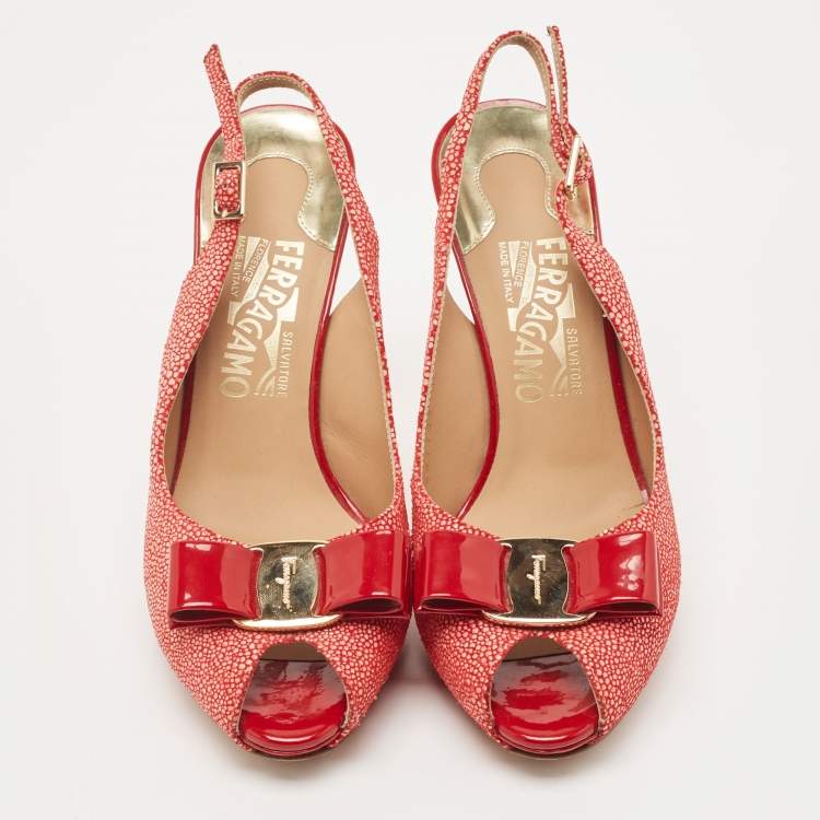 Pre Owned Salvatore Ferragamo Red Texture Suede  Vara Bow  Slingback Pumps Size 36.5