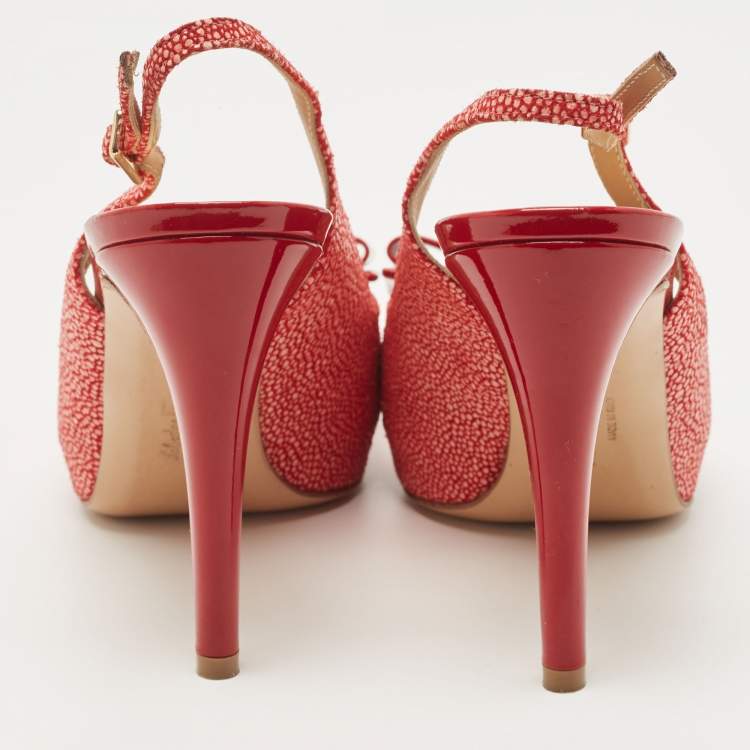 Pre Owned Salvatore Ferragamo Red Texture Suede  Vara Bow  Slingback Pumps Size 36.5
