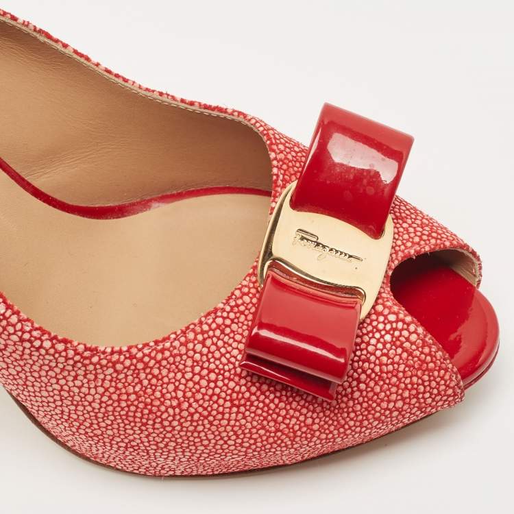 Pre Owned Salvatore Ferragamo Red Texture Suede  Vara Bow  Slingback Pumps Size 36.5