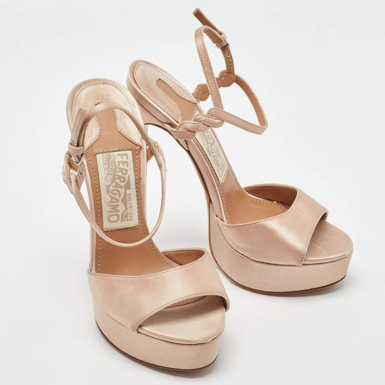 Pre Owned Salvatore Ferragamo Beige Satin Ankle Strap Platform Sandals Size 35