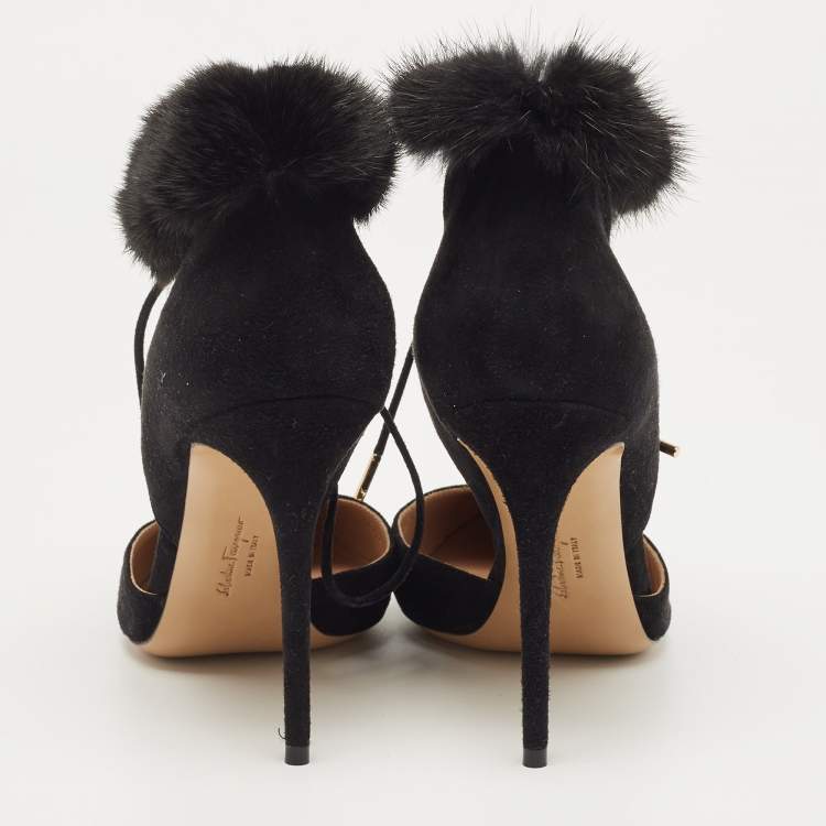 Pre Owned Salvatore Ferragamo Black Suede And Fur Trim Francesca Pumps Size 38