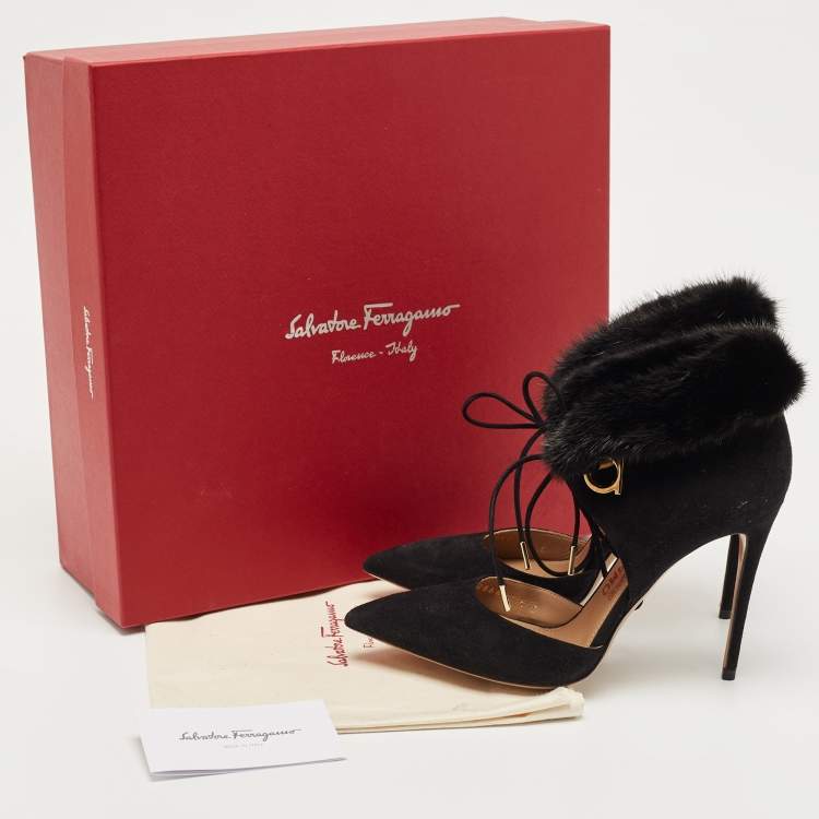 Pre Owned Salvatore Ferragamo Black Suede And Fur Trim Francesca Pumps Size 38