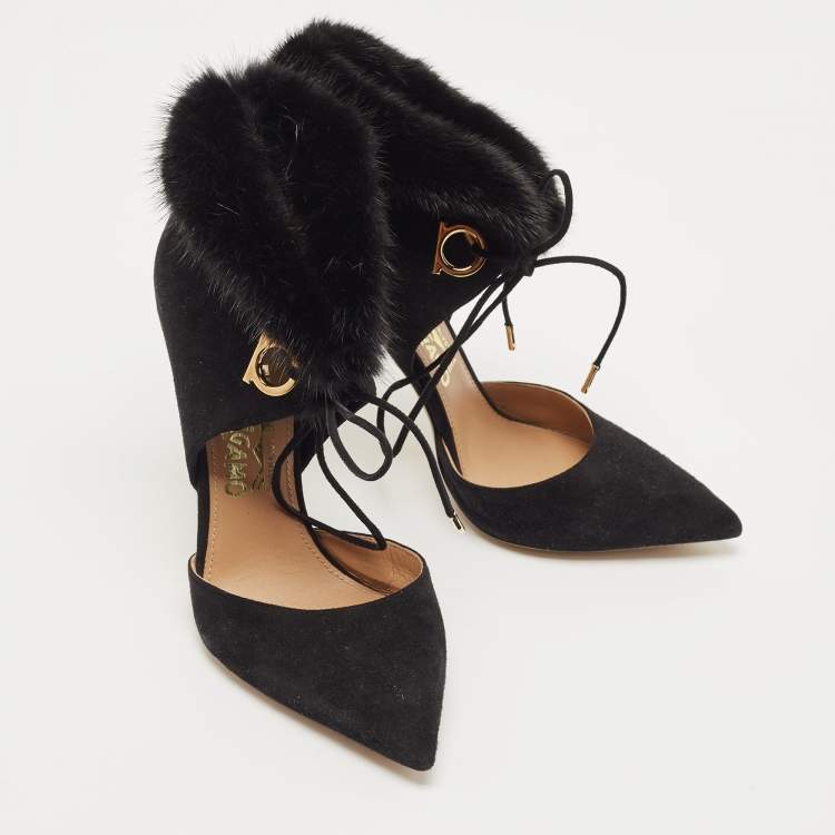 Pre Owned Salvatore Ferragamo Black Suede And Fur Trim Francesca Pumps Size 38