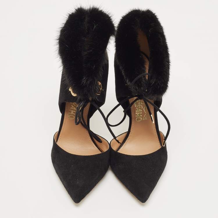Pre Owned Salvatore Ferragamo Black Suede And Fur Trim Francesca Pumps Size 38