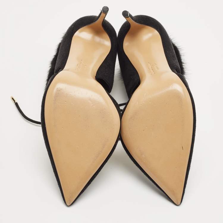 Pre Owned Salvatore Ferragamo Black Suede And Fur Trim Francesca Pumps Size 38