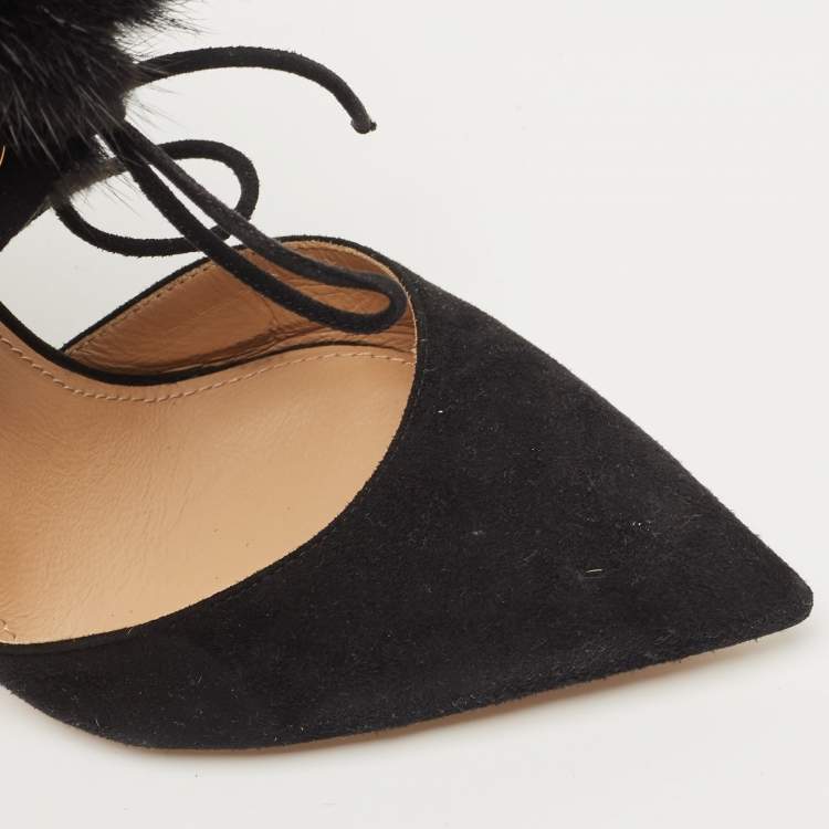 Pre Owned Salvatore Ferragamo Black Suede And Fur Trim Francesca Pumps Size 38