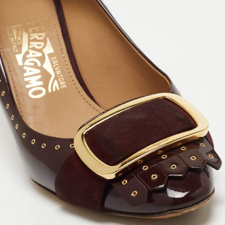 Pre Owned Salvatore Ferragamo Burgundy Patent Leather Fringe Detail Pumps Size 37.5