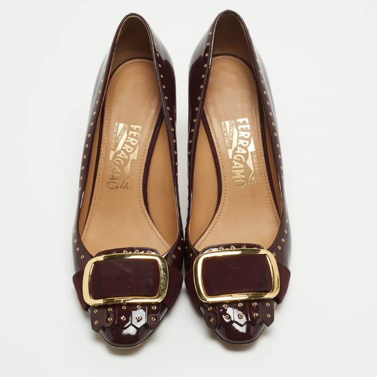 Pre Owned Salvatore Ferragamo Burgundy Patent Leather Fringe Detail Pumps Size 37.5