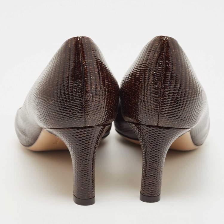 Pre Owned Salvatore Ferragamo Brown Lizard Embossed Leather Carla Vara Bow Pumps Size 37.5