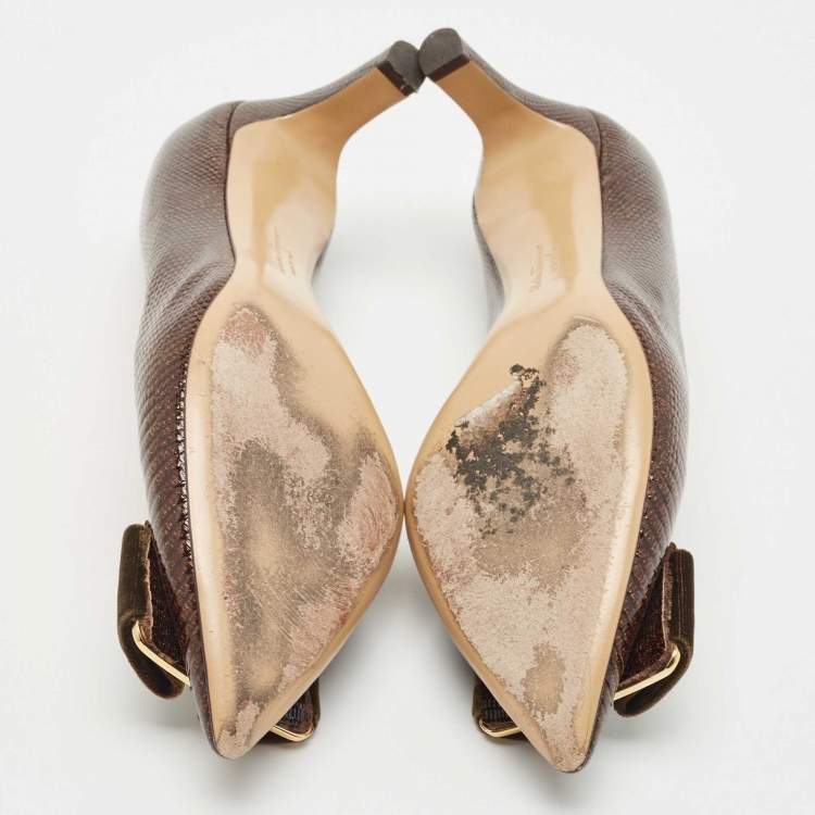 Pre Owned Salvatore Ferragamo Brown Lizard Embossed Leather Carla Vara Bow Pumps Size 37.5