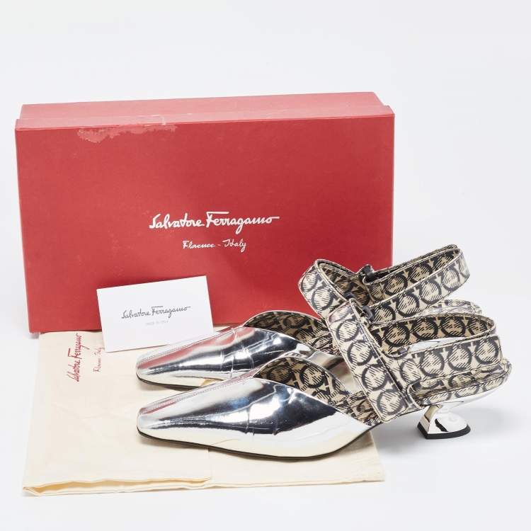 Pre Owned Salvatore Ferragamo Silver/Brown Leather Slingback Pumps Size 40