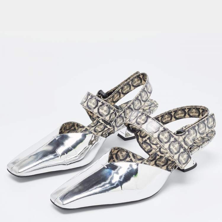 Pre Owned Salvatore Ferragamo Silver/Brown Leather Slingback Pumps Size 40
