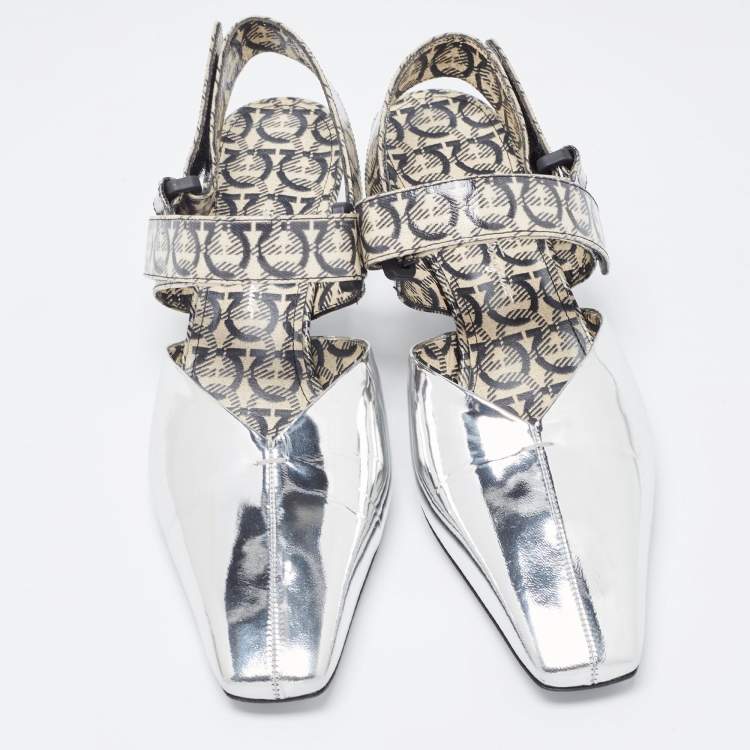 Pre Owned Salvatore Ferragamo Silver/Brown Leather Slingback Pumps Size 40