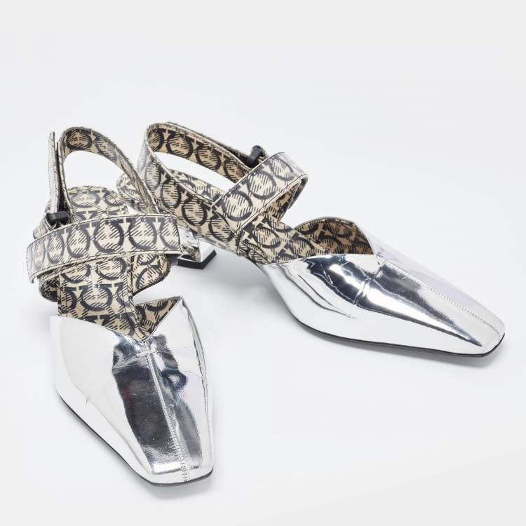 Pre Owned Salvatore Ferragamo Silver/Brown Leather Slingback Pumps Size 40