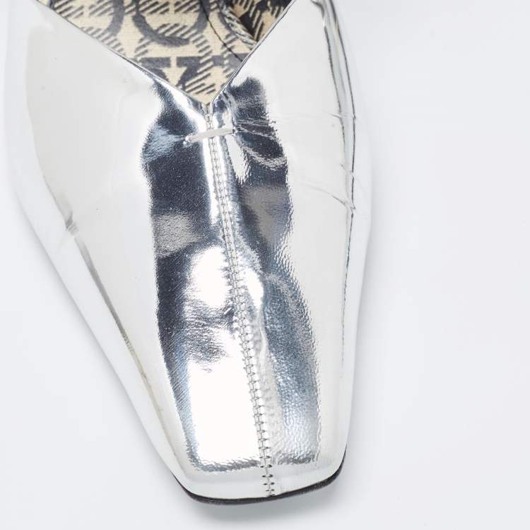 Pre Owned Salvatore Ferragamo Silver/Brown Leather Slingback Pumps Size 40
