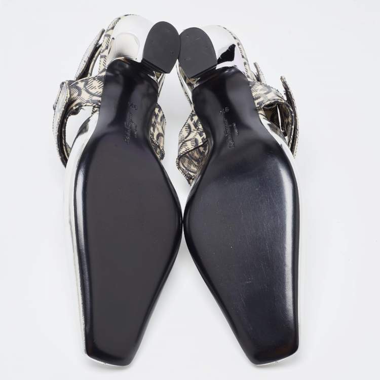Pre Owned Salvatore Ferragamo Silver/Brown Leather Slingback Pumps Size 40