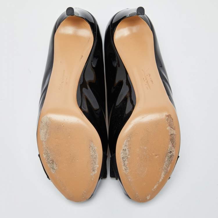 Pre Owned Salvatore Ferragamo Black Patent Leather Vara Bow Peep Toe Pumps Size 39