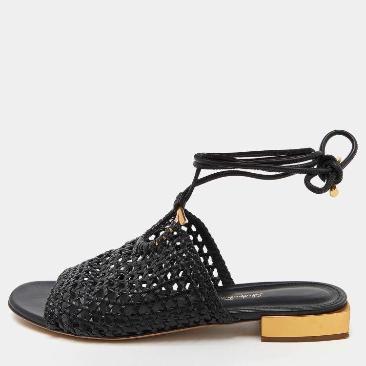 Pre Owned Salvatore Ferragamo Black Braided Leather Gladiator Sandals Size 40