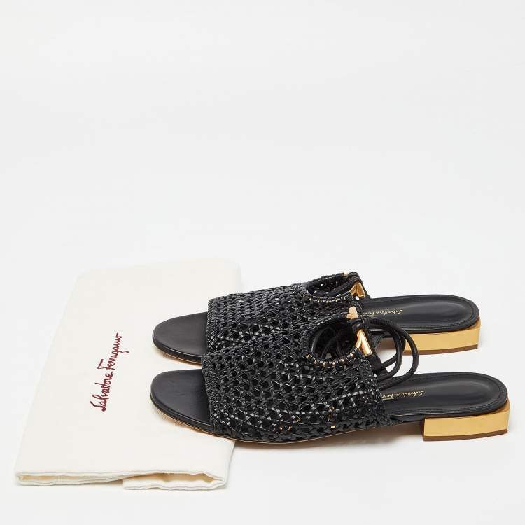 Pre Owned Salvatore Ferragamo Black Braided Leather Gladiator Sandals Size 40