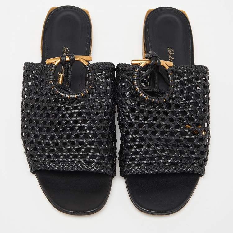 Pre Owned Salvatore Ferragamo Black Braided Leather Gladiator Sandals Size 40