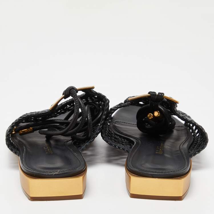 Pre Owned Salvatore Ferragamo Black Braided Leather Gladiator Sandals Size 40