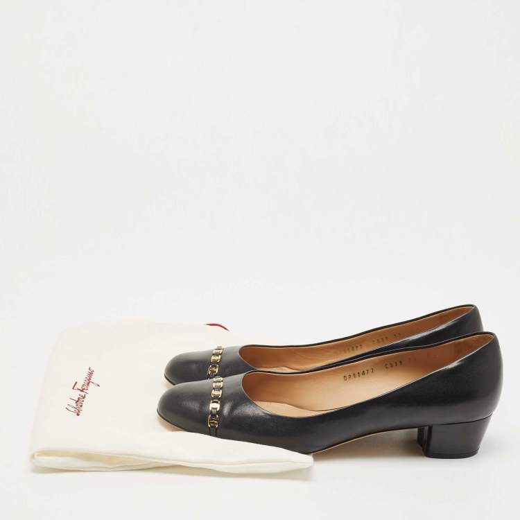 Pre Owned Salvatore Ferragamo Blue Leather Block Heel Pumps Size 41.5 