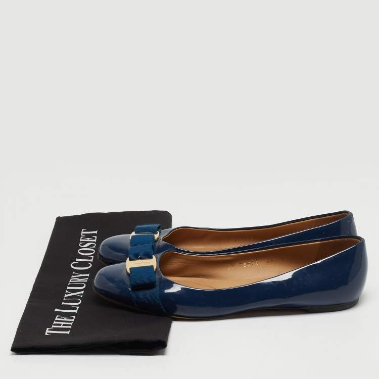 Pre Owned Salvatore Ferragamo Blue Patent Leather Vara Bow Ballet Flats Size 38.5