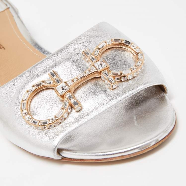 Pre Owned Salvatore Ferragamo Silver Leather Crystal Mules Size 38.5