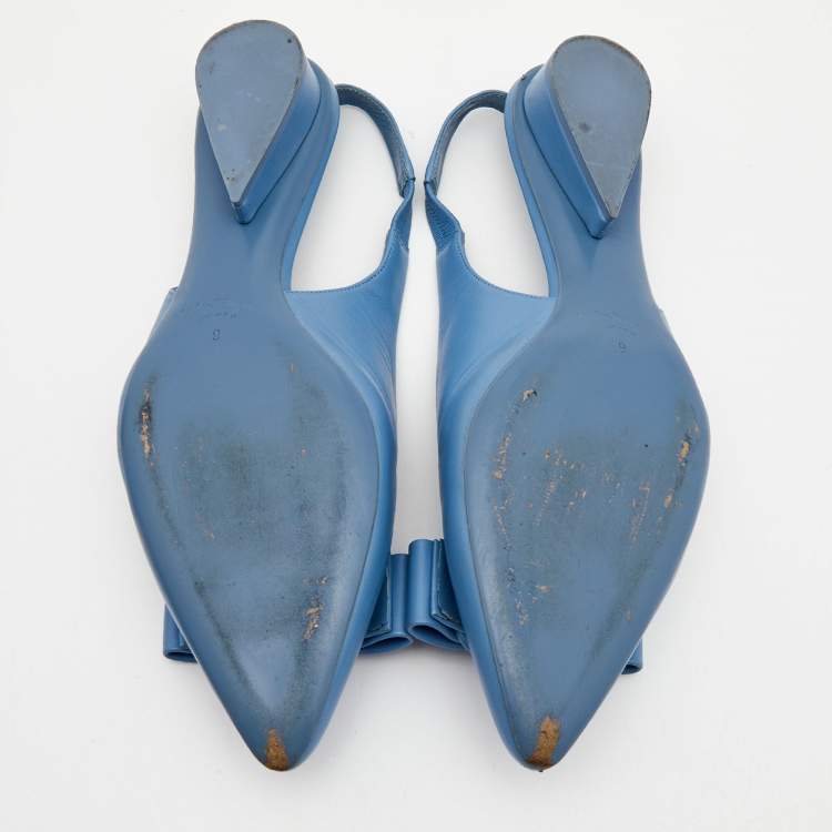 Pre Owned Salvatore Ferragamo Blue  Leather Vara Bow  Slingback Flats Size 39.5