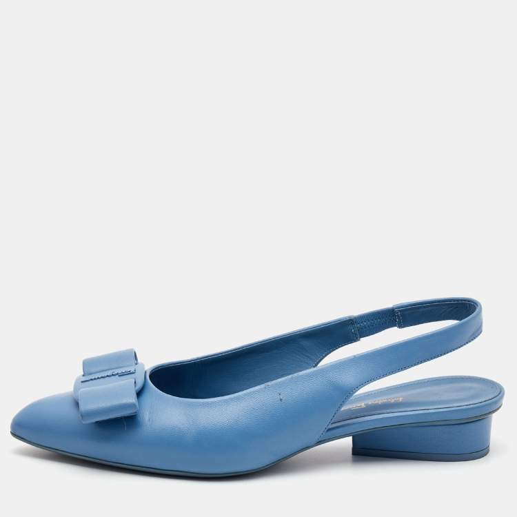 Pre Owned Salvatore Ferragamo Blue  Leather Vara Bow  Slingback Flats Size 39.5