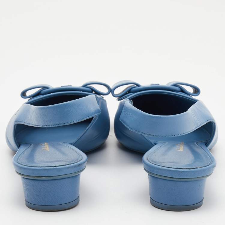 Pre Owned Salvatore Ferragamo Blue  Leather Vara Bow  Slingback Flats Size 39.5