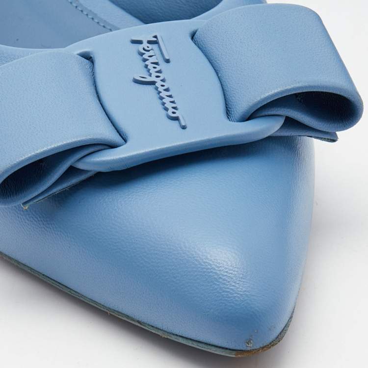 Pre Owned Salvatore Ferragamo Blue  Leather Vara Bow  Slingback Flats Size 39.5