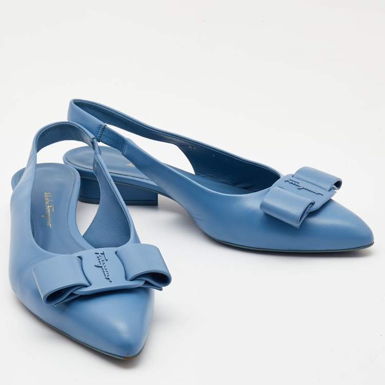 Pre Owned Salvatore Ferragamo Blue  Leather Vara Bow  Slingback Flats Size 39.5