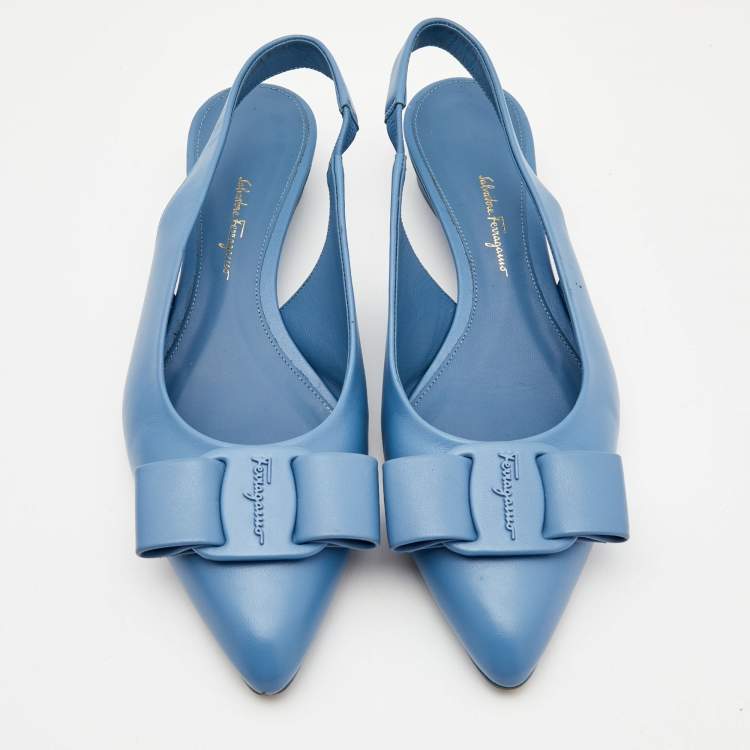 Pre Owned Salvatore Ferragamo Blue  Leather Vara Bow  Slingback Flats Size 39.5