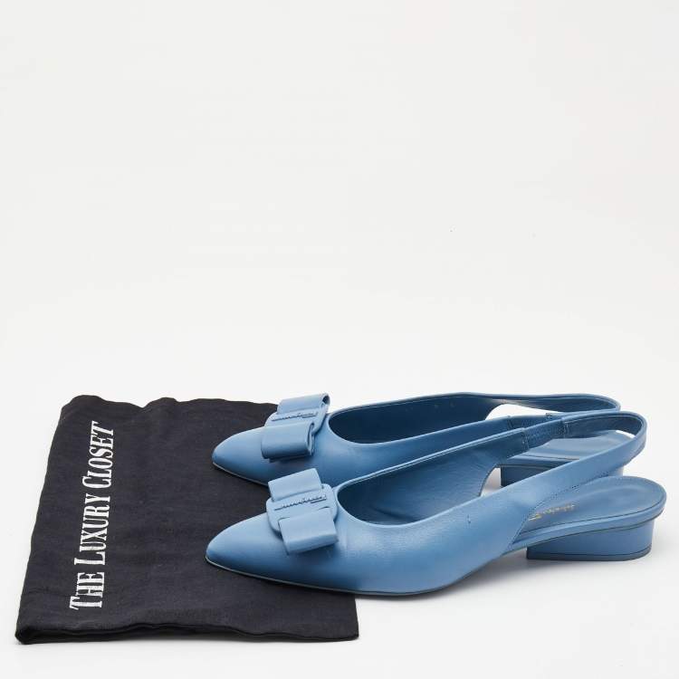 Pre Owned Salvatore Ferragamo Blue  Leather Vara Bow  Slingback Flats Size 39.5