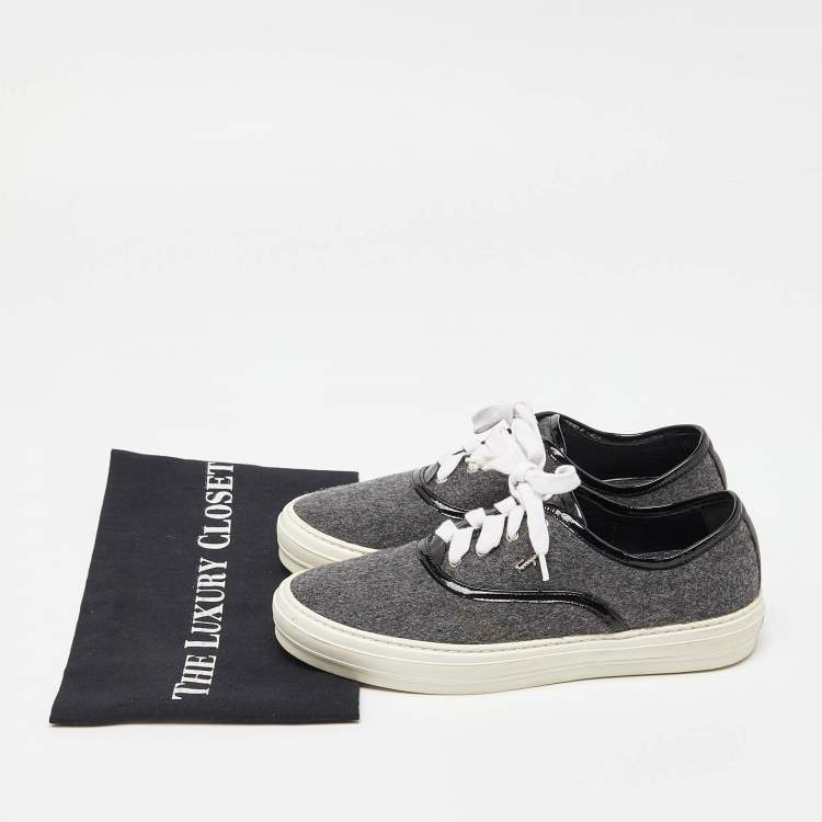Pre Owned Salvatore Ferragamo Grey/Black Wool and Patent Leather Low Top Sneakers Size 37