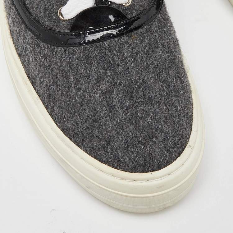 Pre Owned Salvatore Ferragamo Grey/Black Wool and Patent Leather Low Top Sneakers Size 37