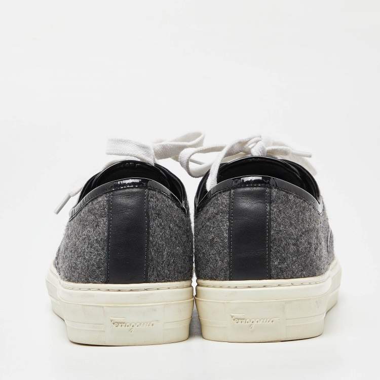 Pre Owned Salvatore Ferragamo Grey/Black Wool and Patent Leather Low Top Sneakers Size 37
