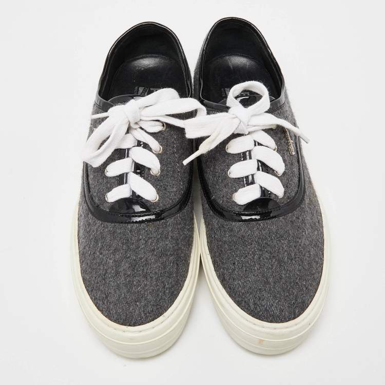 Pre Owned Salvatore Ferragamo Grey/Black Wool and Patent Leather Low Top Sneakers Size 37