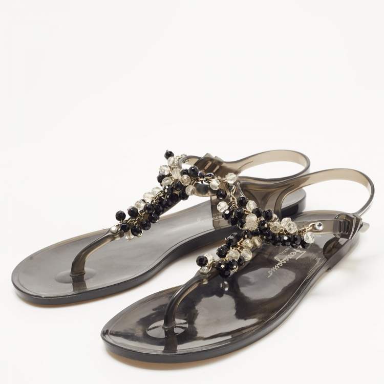 Pre Owned Salvatore Ferragamo Black PVC Embellished Flat Sandals Size 39.5