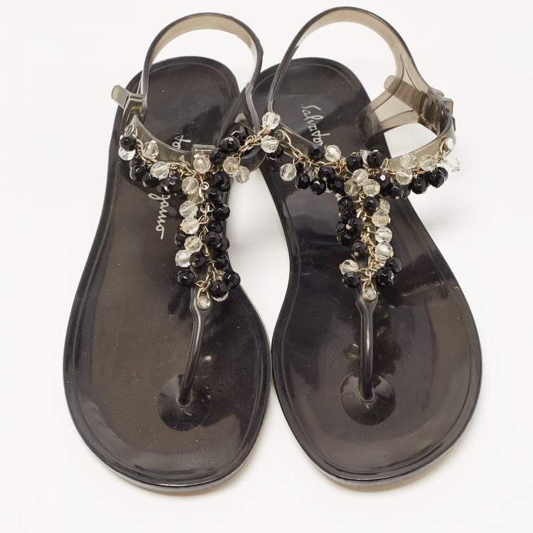 Pre Owned Salvatore Ferragamo Black PVC Embellished Flat Sandals Size 39.5