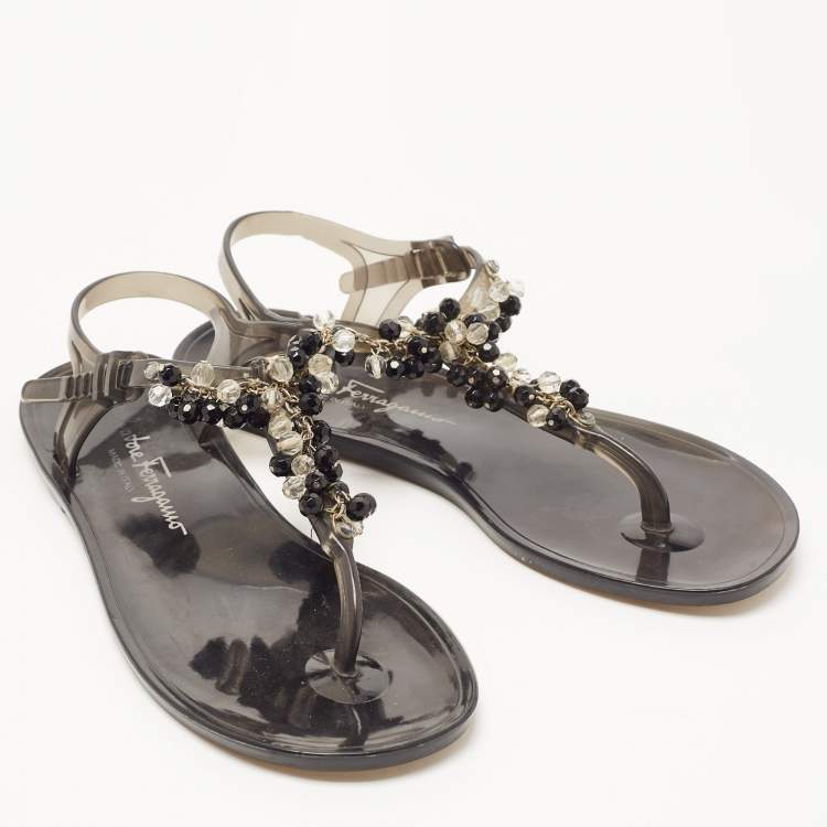 Pre Owned Salvatore Ferragamo Black PVC Embellished Flat Sandals Size 39.5