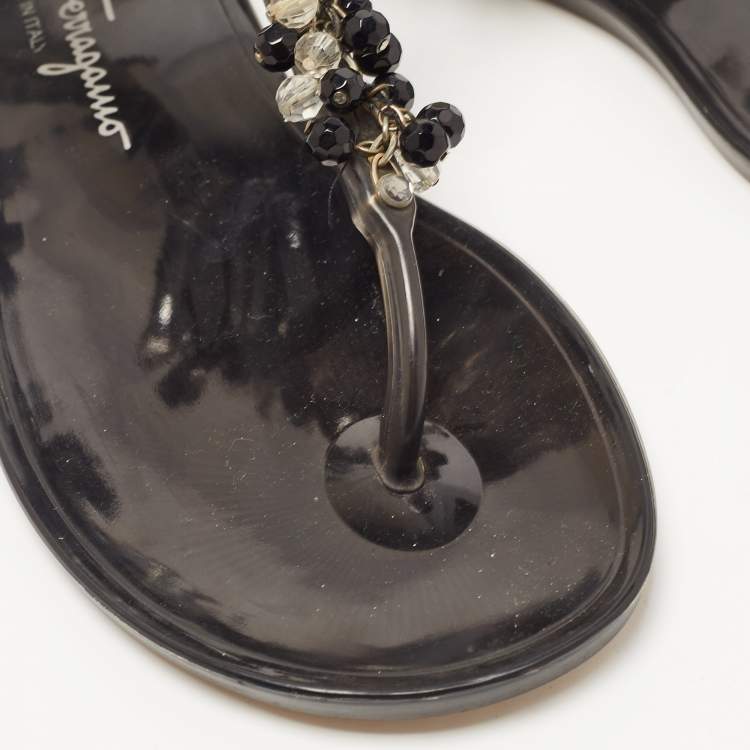 Pre Owned Salvatore Ferragamo Black PVC Embellished Flat Sandals Size 39.5