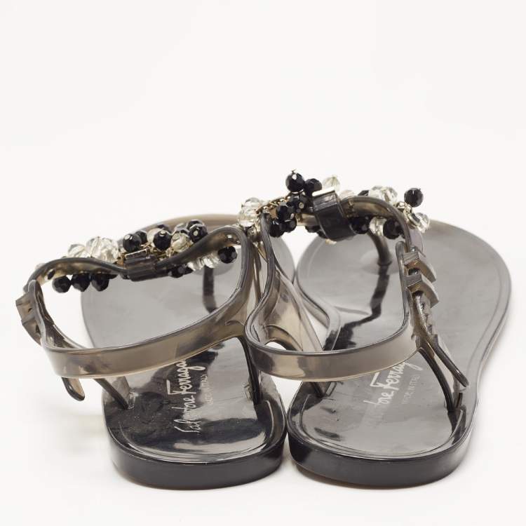 Pre Owned Salvatore Ferragamo Black PVC Embellished Flat Sandals Size 39.5