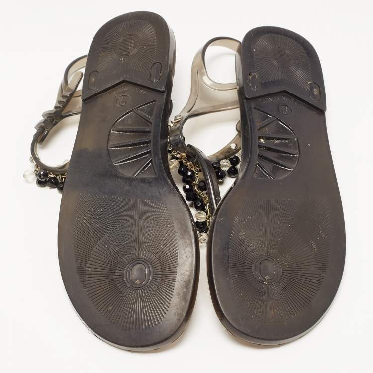 Pre Owned Salvatore Ferragamo Black PVC Embellished Flat Sandals Size 39.5