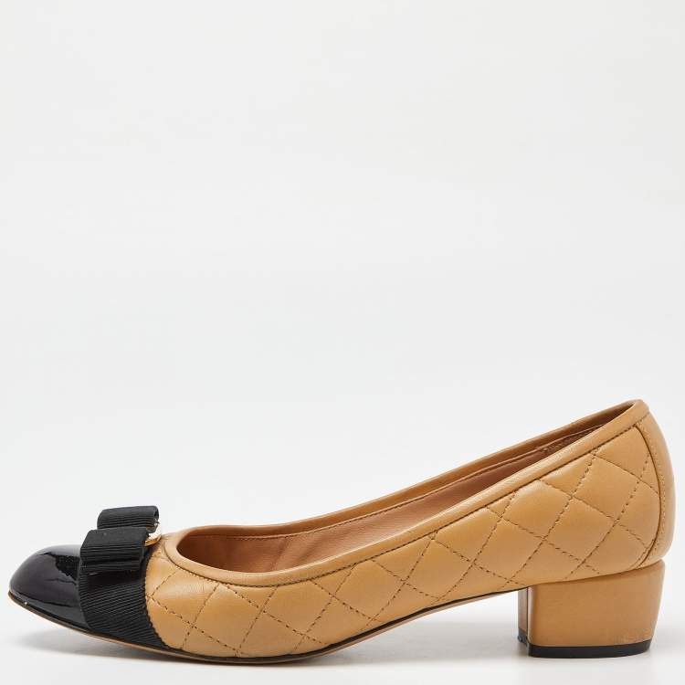 Pre Owned Salvatore Ferragamo Beige/Black Leather and Patent Block Heel Pumps Size 37