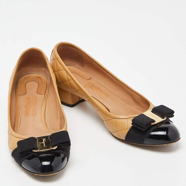 Pre Owned Salvatore Ferragamo Beige/Black Leather and Patent Block Heel Pumps Size 37