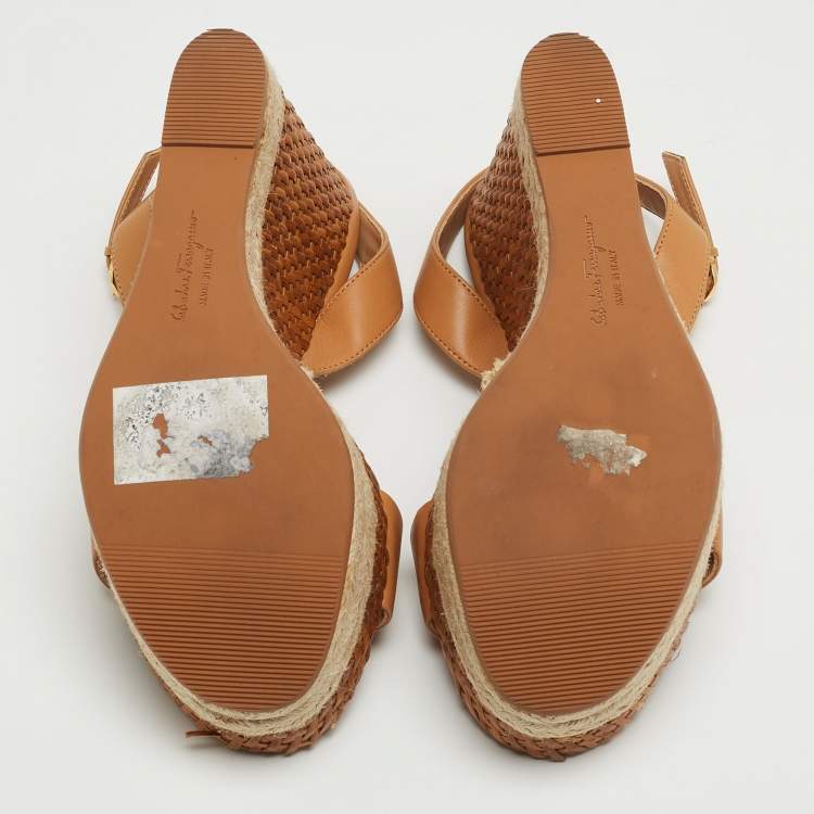 Pre Owned Salvatore Ferragamo Beige Leather and Raffia Marlene Wedge Sandals Size 39