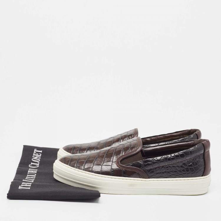 Pre Owned Salvatore Ferragamo Brown Croc Leather Pacau Slip On Sneakers Size 39.5