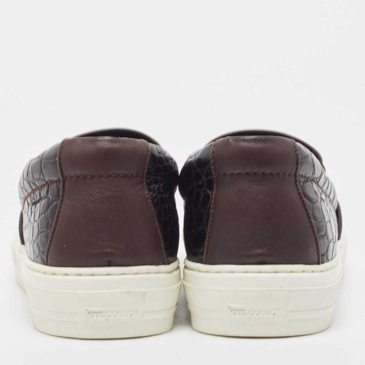 Pre Owned Salvatore Ferragamo Brown Croc Leather Pacau Slip On Sneakers Size 39.5